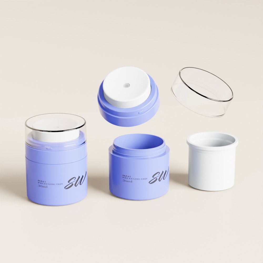Blue and white cosmetic containers with airless pump jars and lids.