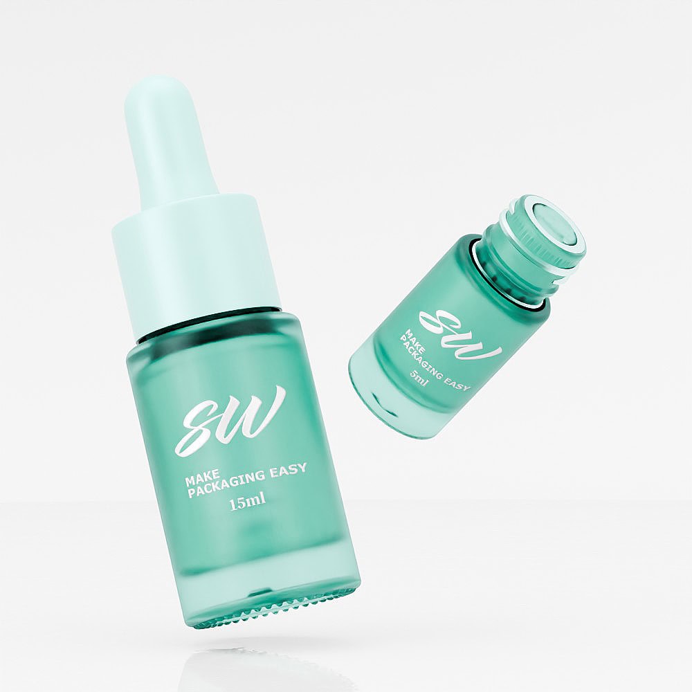 Glass facial serum bottles with dropper and screw cap in mint green color.