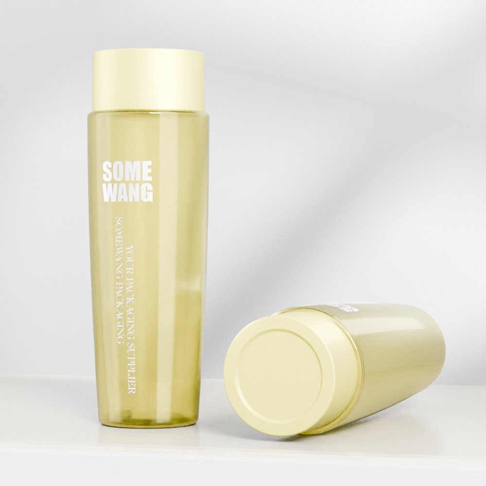Transparent 220ML PET shampoo bottle with screw cap and printed logo.