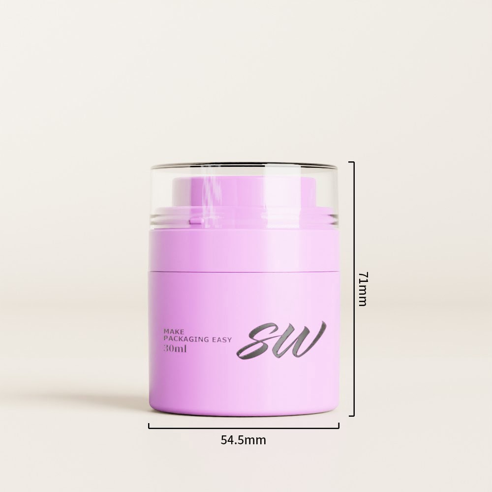 Pink cosmetic cream container with airless pump and measurements.