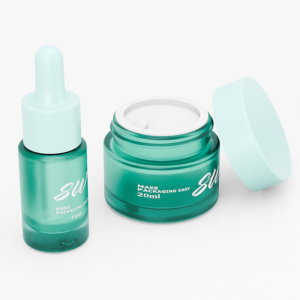 Glass facial serum bottle and jar for skincare packaging.