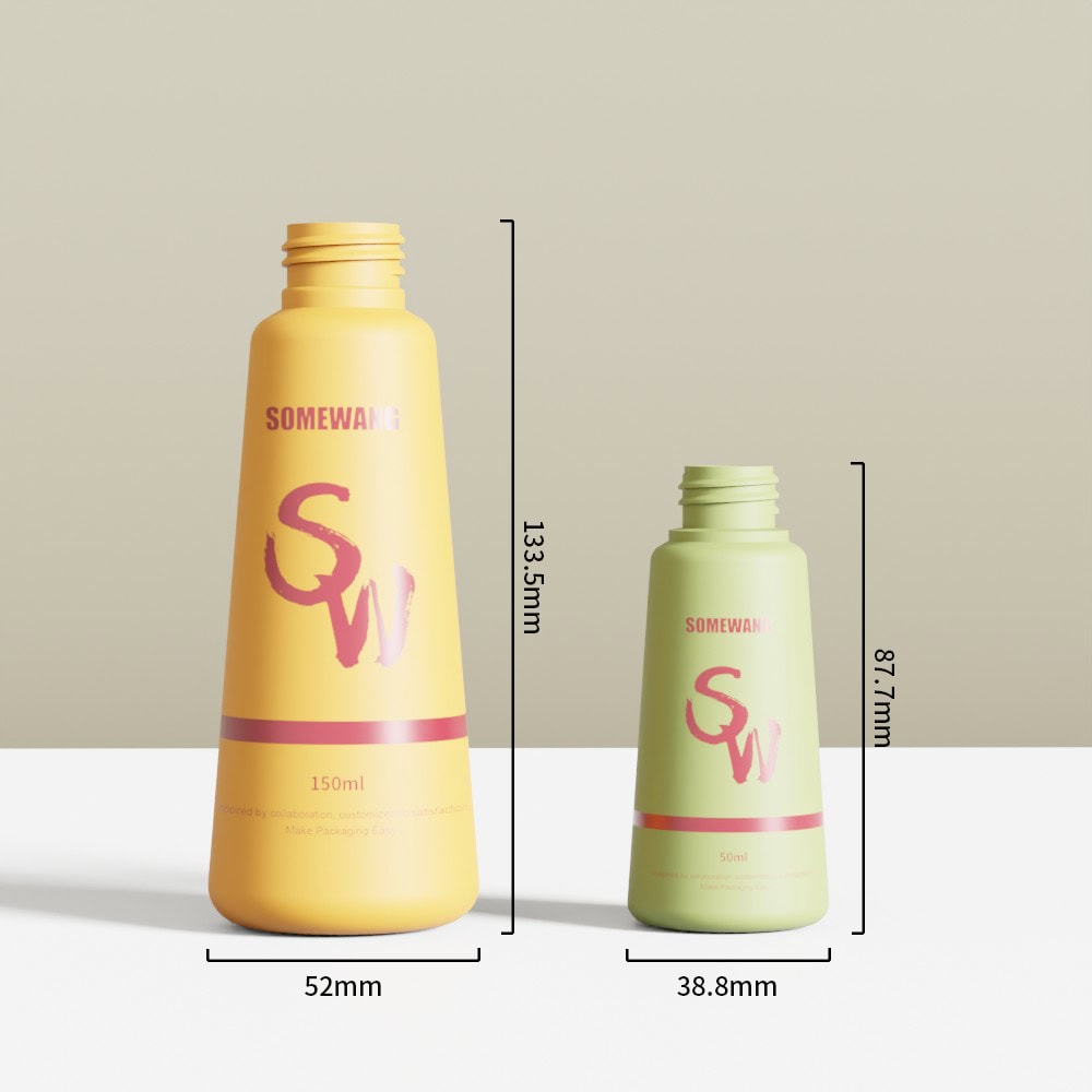 Two Somewang hair care bottles with spray pump, 150ml and 50ml, in yellow and green colors.
