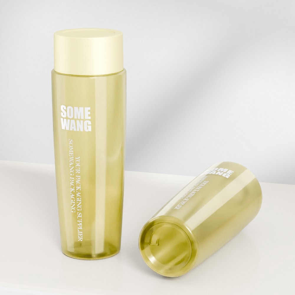 Transparent yellow 220ML PET shampoo bottle with screw cap and screen printing.
