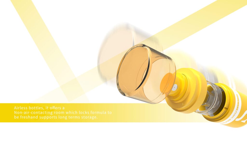 Frasco airless invertido com bomba amarela para embalagens cosméticas.