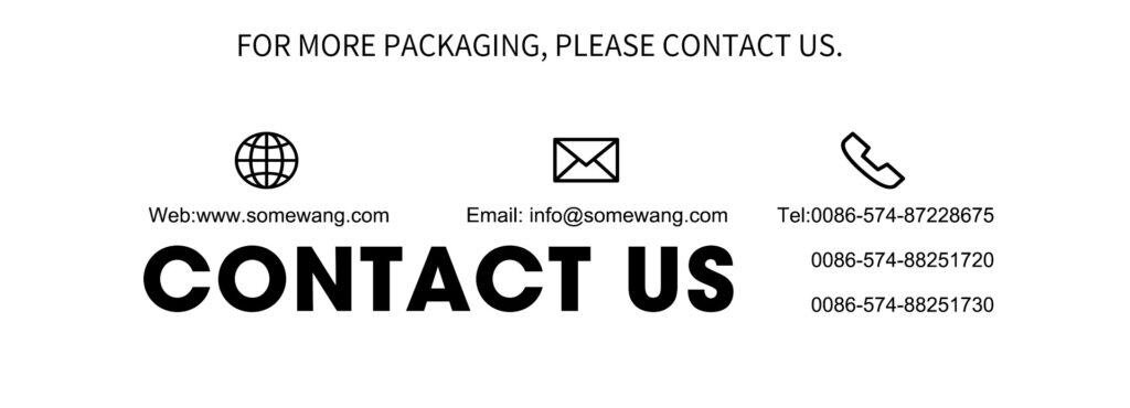 Informações de contato da Somewang Packaging, incluindo site, e-mail e números de telefone.