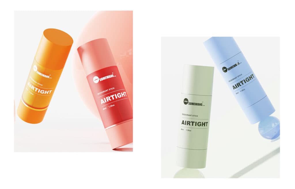 Farbenfrohe, luftdichte Deodorant-Stick-Behälter von Somewang Packaging für Kosmetikprodukte.