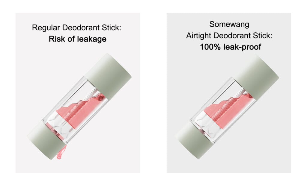 Vergleich von herkömmlichen und luftdichten Deosticks hinsichtlich Auslaufschutz.