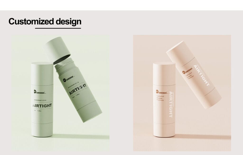 Zwei individuell gestaltete Deodorant-Stick-Behälter in verschiedenen Pastellfarben und Designs.