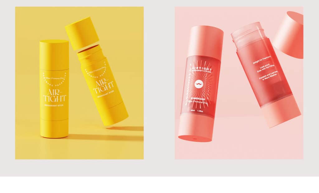 Farbenfrohe Deodorant-Stick-Behälter von Somewang Packaging für Kosmetikprodukte.