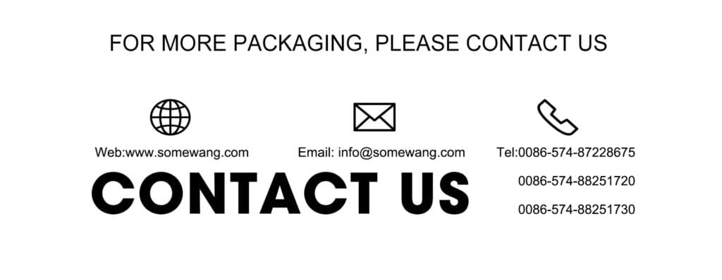 Kontaktinformationen für Somewang Packaging, einschließlich Website, E-Mail-Adresse und Telefonnummern.