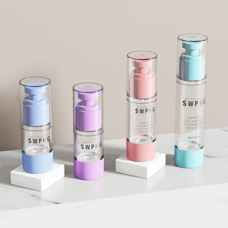 Set of four pastel-colored airless pump bottles for cosmetic packaging.