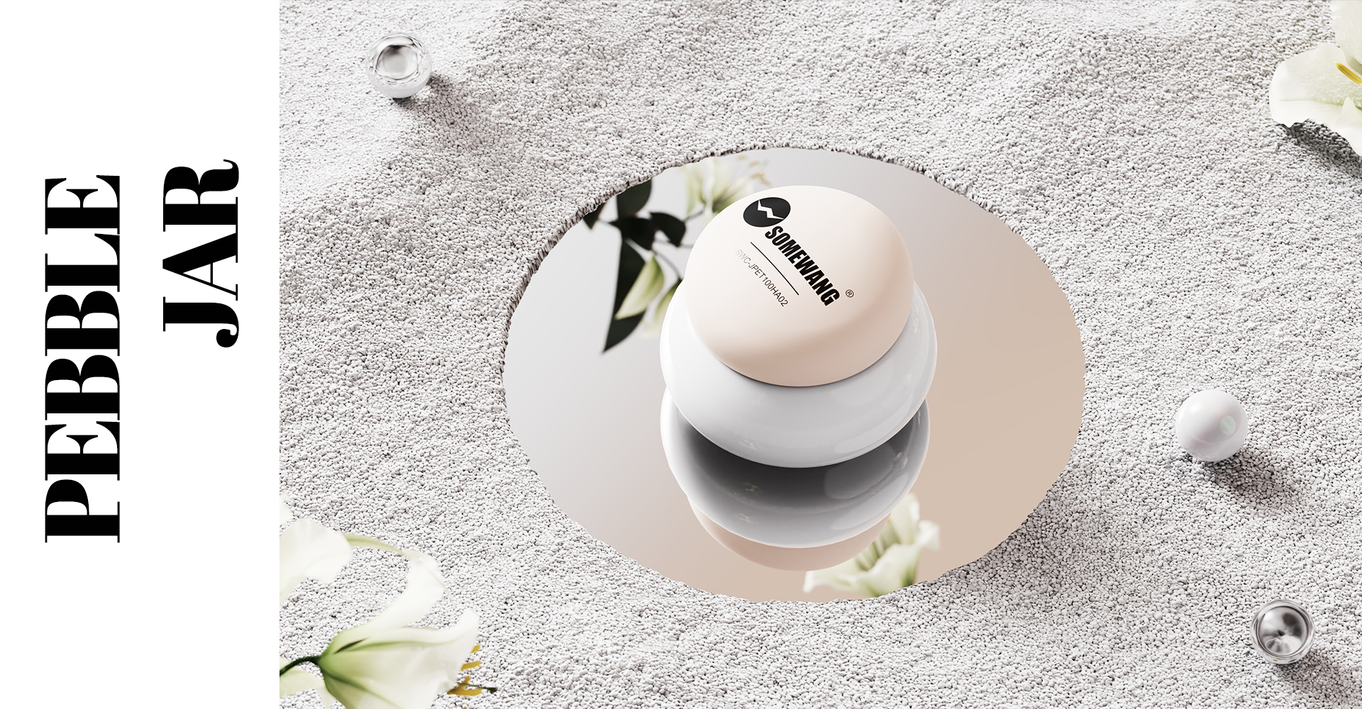 A "Sunhan" skin cream jar sits on a mirror with white flowers, sand, and "Pebble Jar" text on the left.