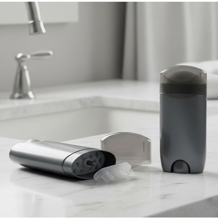 Contenitore vuoto di deodorante a stick da 75 g su un ripiano del bagno.