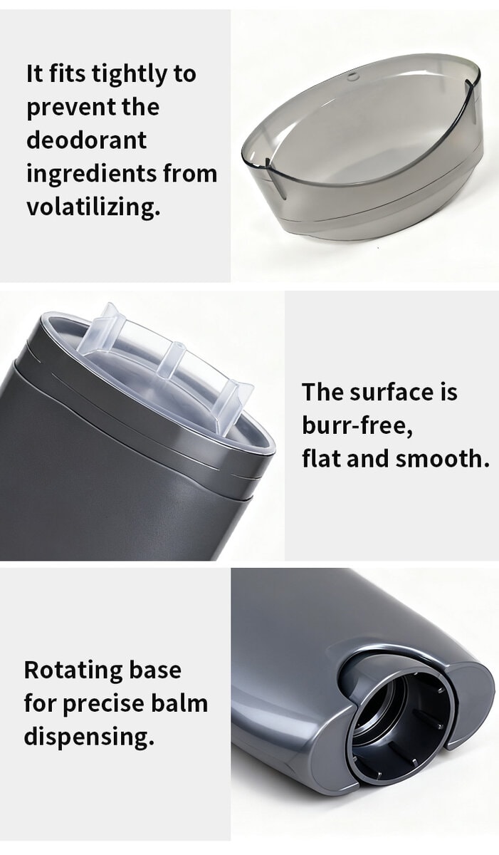 Contenitore vuoto in PP per deodorante stick, con base girevole e superficie liscia.