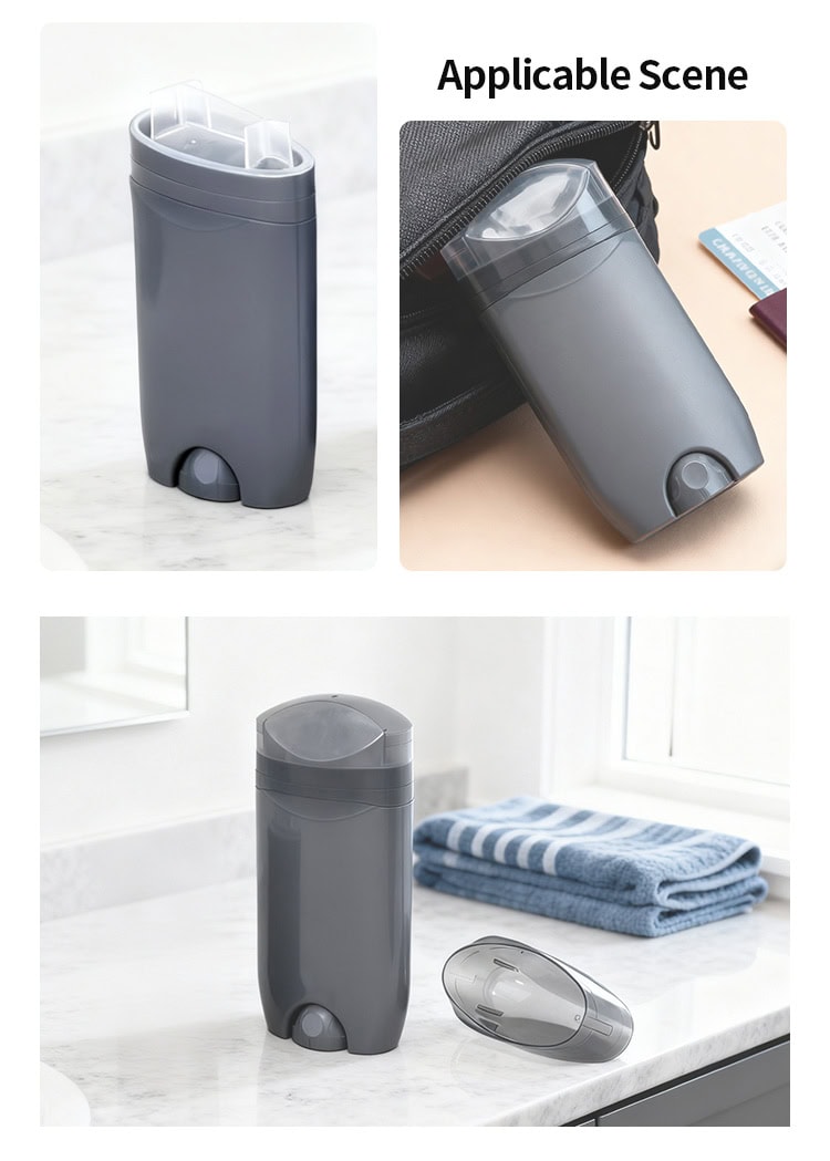 Contenitore vuoto grigio per deodorante stick con meccanismo a rotazione per il confezionamento.