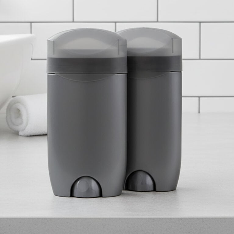 Two gray twist-up deodorant containers on a bathroom counter.