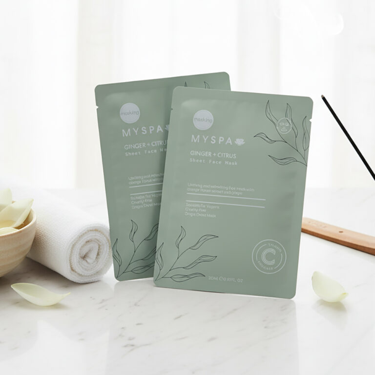 Custom printed face mask bags for skincare and cosmetic products.