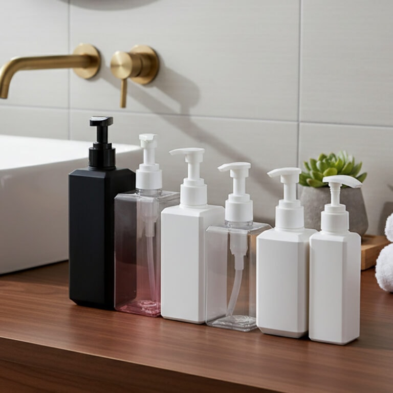 Assorted square PETG bottles with pump dispensers on bathroom counter.