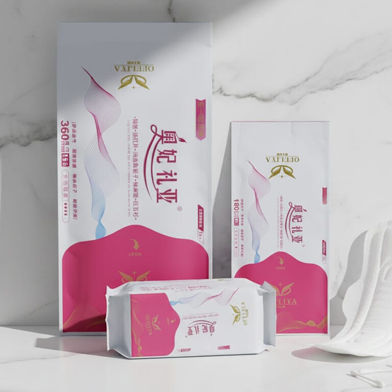 Disposable sanitary napkin packaging bags with easy pull sticker design.
