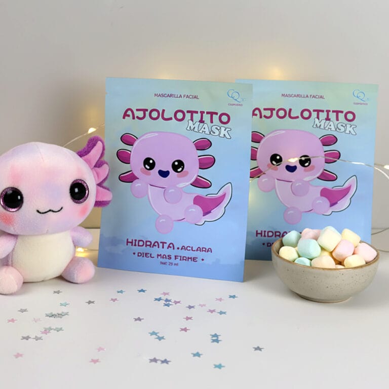 Cute pink octopus plush toy with mask packaging and marshmallows.