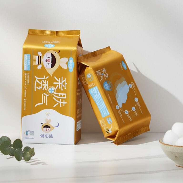 Orange sanitary napkin packaging bags with cartoon character and product info.