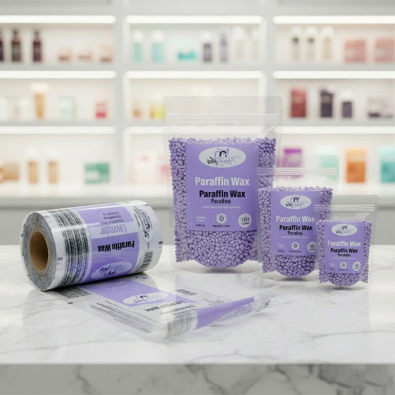 Assorted paraffin wax packaging from Somewang Packaging on marble surface.