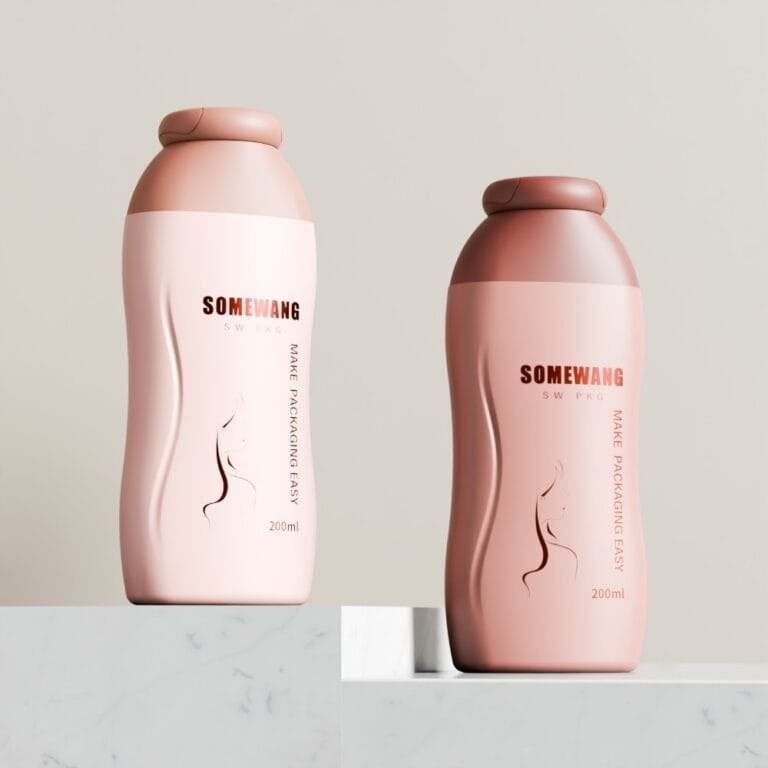 Pink plastic hair conditioner bottles with cap for shampoo and conditioner.