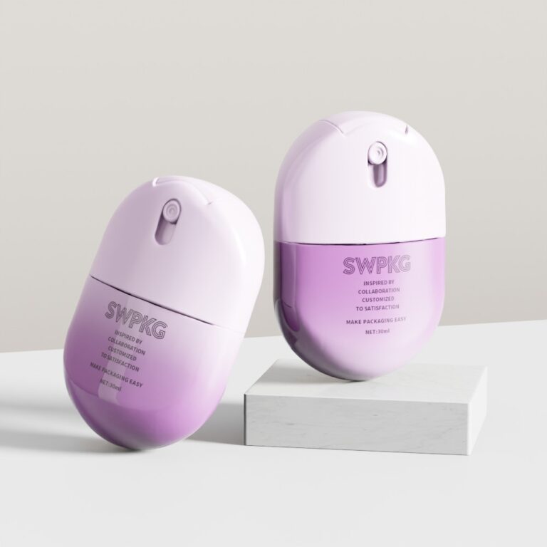 Elegant purple and white cosmetic spray bottles for skincare and hair products.