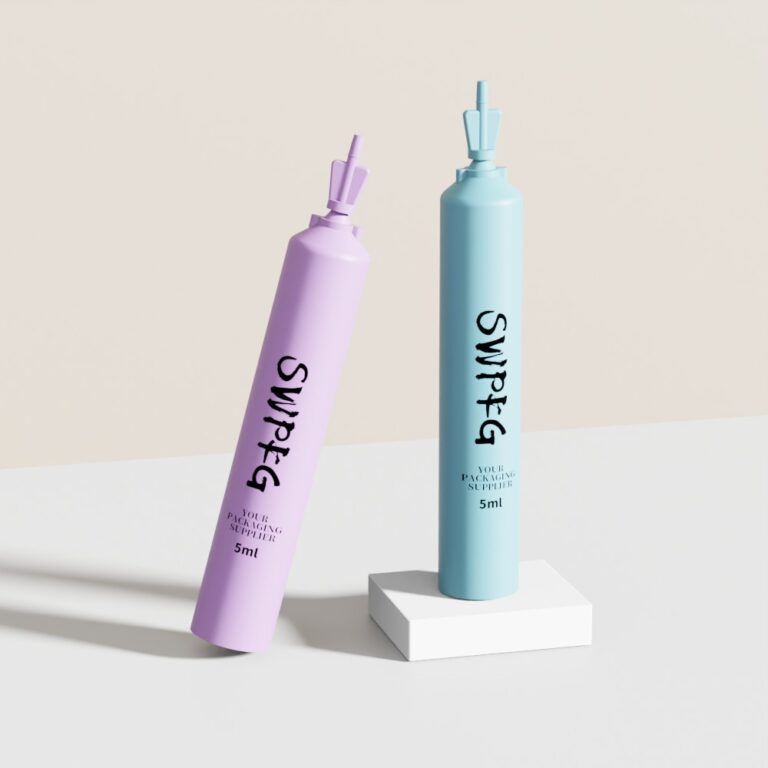 Colorful 5ml and 30ml eye cream tubes with nozzles for skincare.
