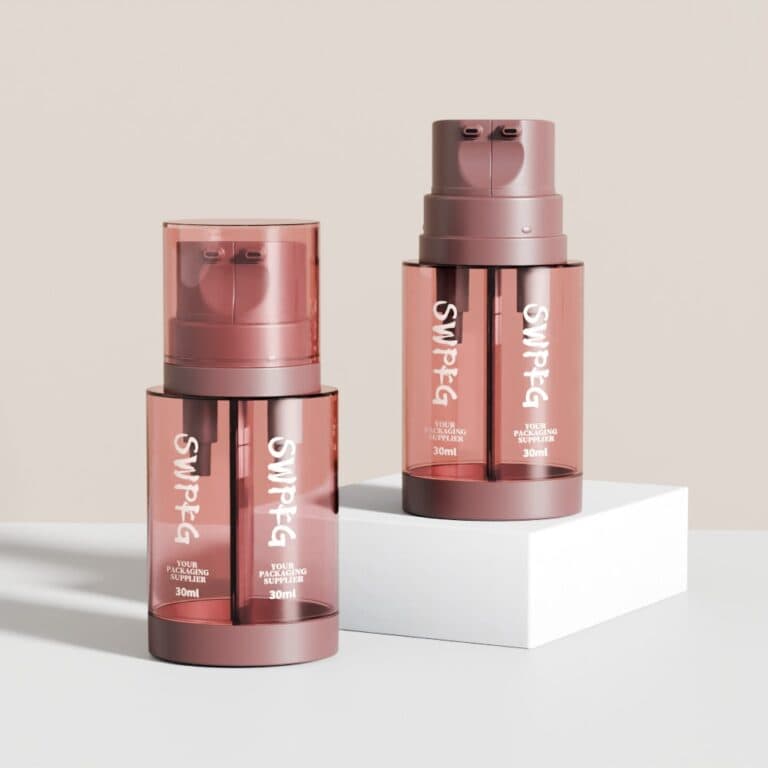 Dual chamber PETG serum bottles in pink with white text for skincare products.