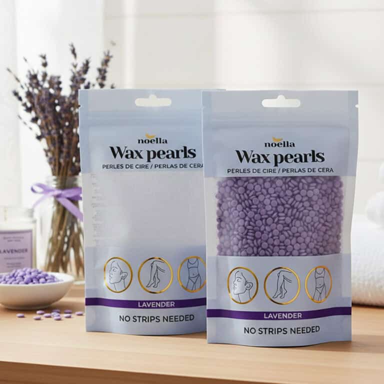Lavender wax pearls in packaging for skincare or cosmetic applications.