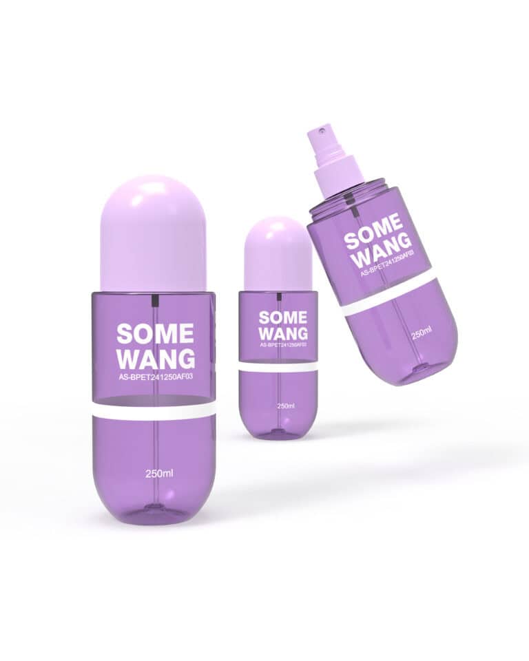 Purple skincare bottles with pump and spray for cosmetic packaging.
