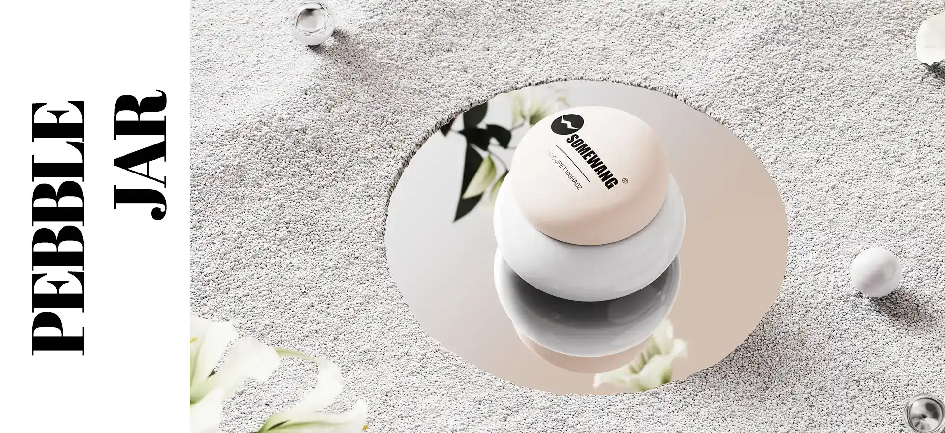 Somewang Packaging pebble-shaped jar for product storage and display.