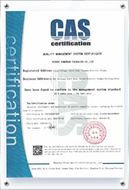 CAS certification document for Somewang Packaging, quality assurance.