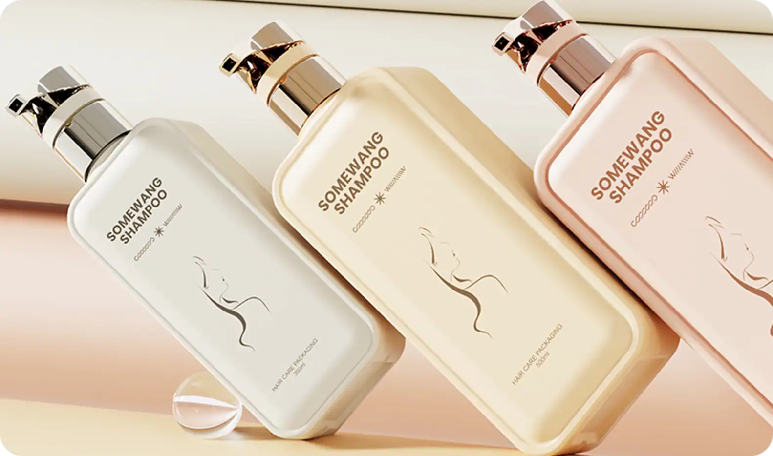 Elegant Somewang shampoo bottles with minimalist design and soft pastel colors.