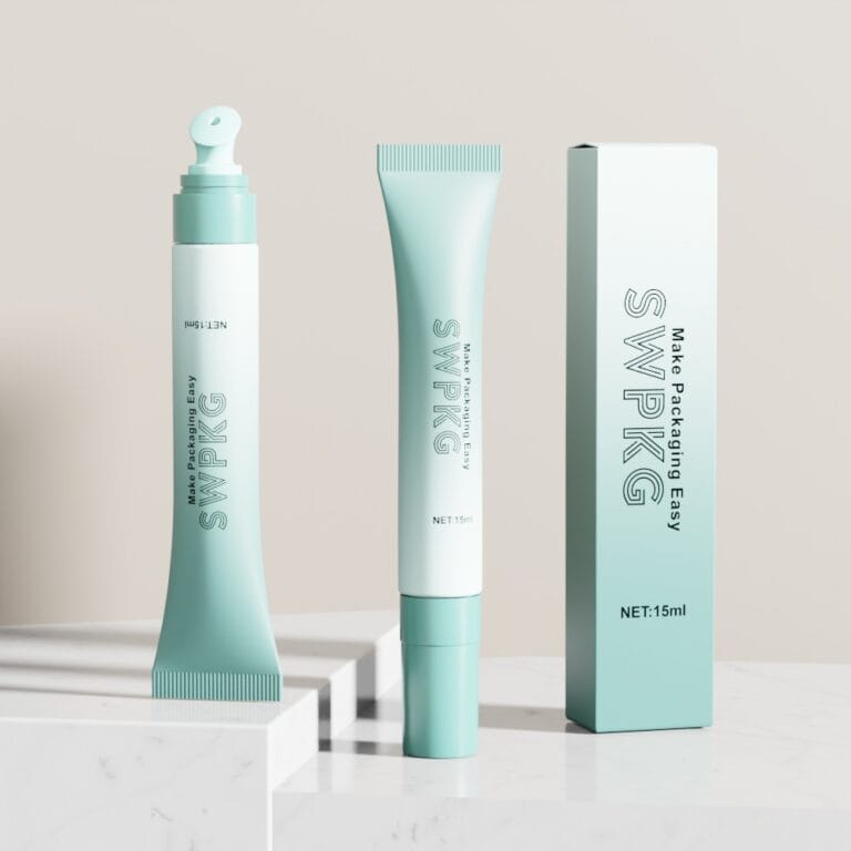 Cosmetic packaging tubes with pump and squeeze design for skincare products.