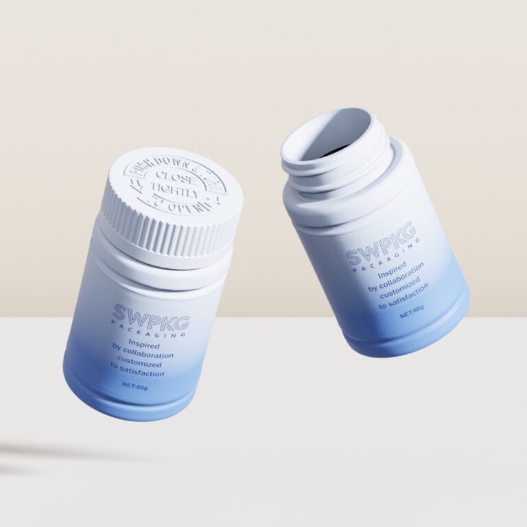 White pill bottles with blue gradient design for medication packaging.