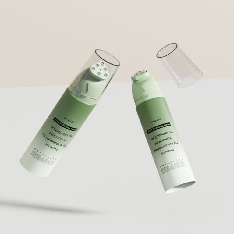 Green cosmetic tubes with metal roll ball for skincare packaging.
