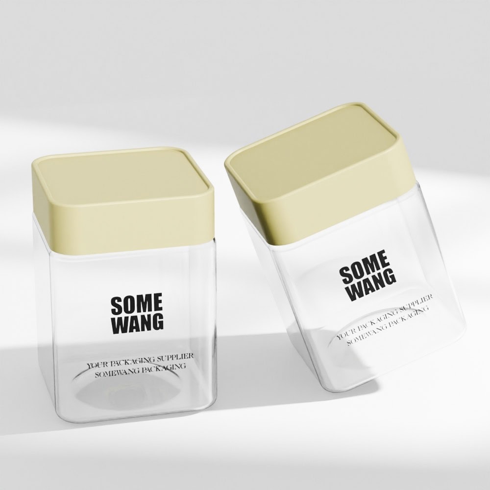 Clear plastic cosmetic jars with beige lids for skincare and cosmetics.