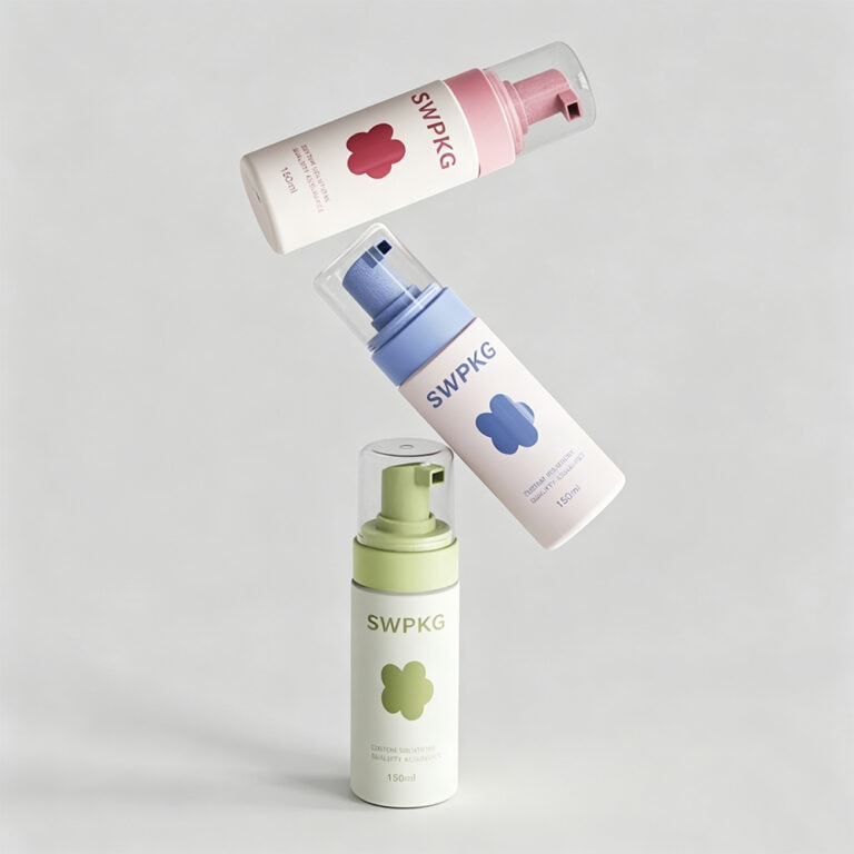Set of three colorful 150ml foam bottles for face cleansing and skincare.