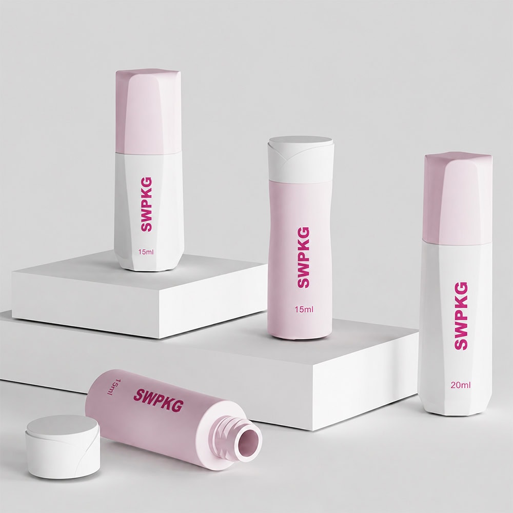 Travel skincare bottles with pink and white design for 15ml and 20ml containers.