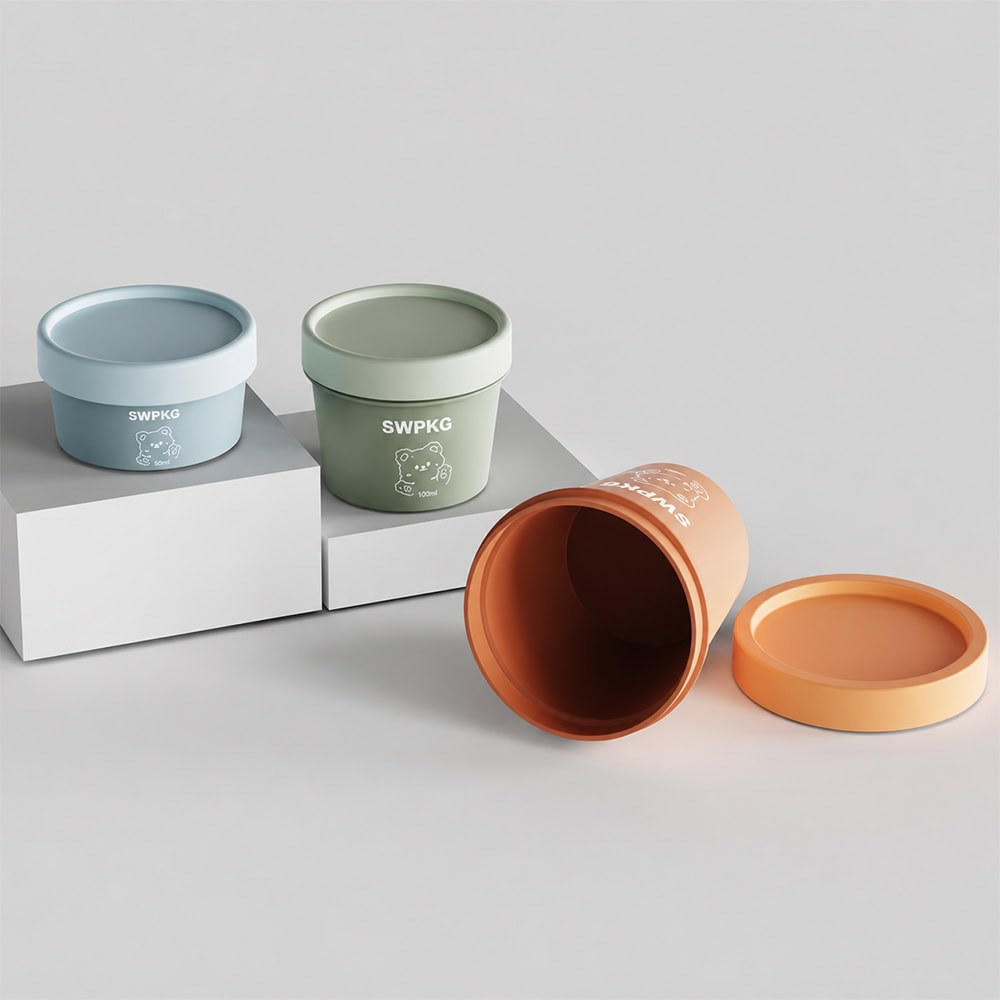 Colorful PP facial mask jars with screw caps for skincare packaging.