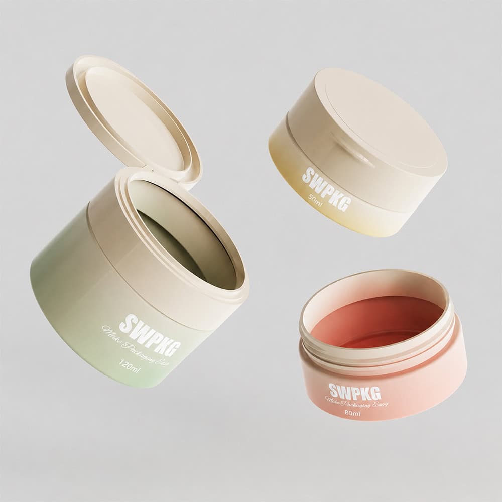 Set of 3 PET mini cosmetic jars for face cream in pastel colors.