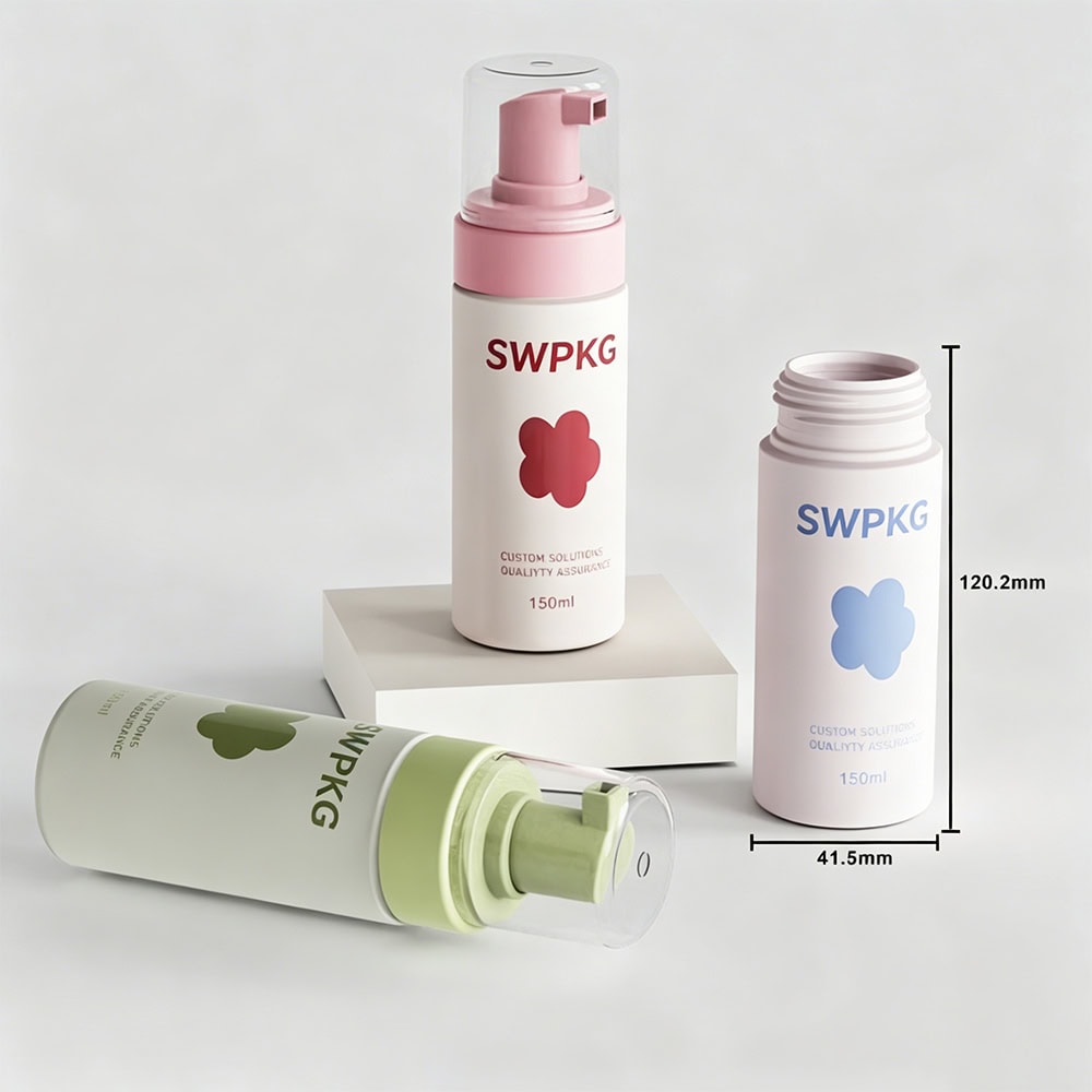 Pink, blue, and green foam bottles for face cleansing with custom design.
