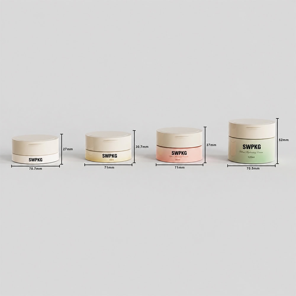 Set of four PET mini cosmetic jars with different sizes for face cream packaging.