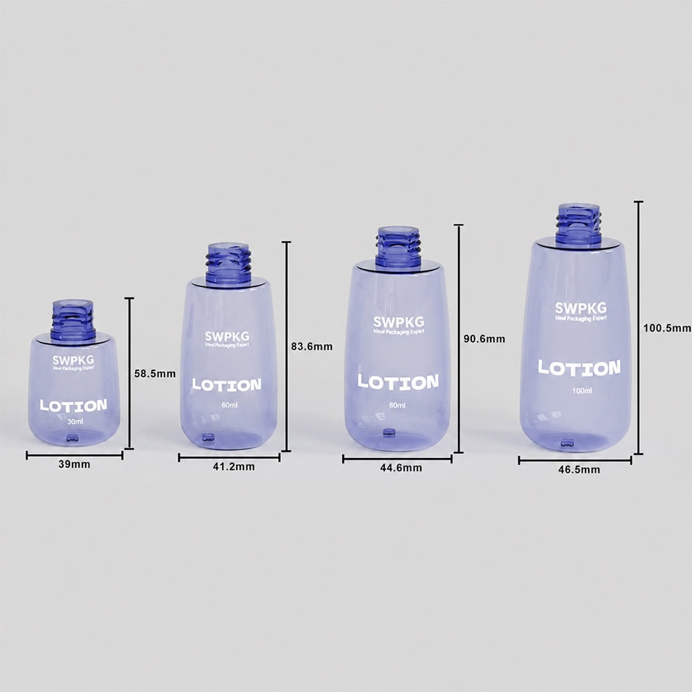 Set of PETG plastic bottles with pump spray in various sizes for packaging.