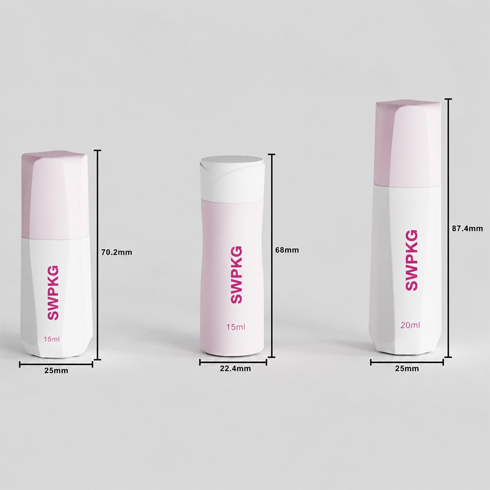 Travel skincare bottles in 15ml and 20ml sizes by Somewang Packaging.