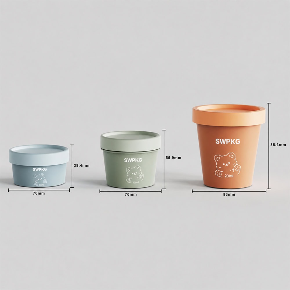 Set of three Somewang facial mask jars in blue, green, and orange with dimensions.