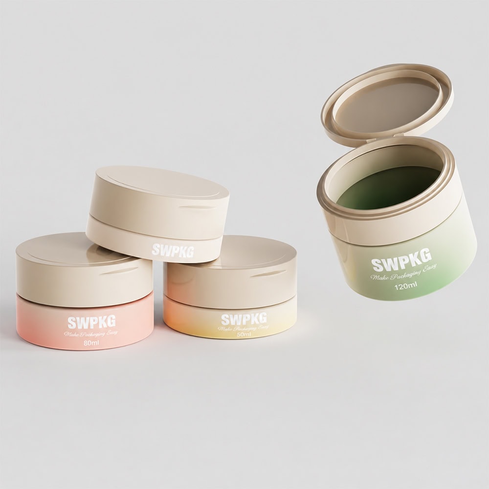 Set of 20ml, 50ml, 80ml, 120ml PET cosmetic jars for face cream.