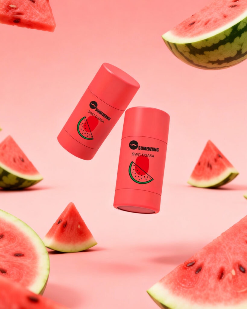 Watermelon-themed containers by Somewang Packaging on pink background.